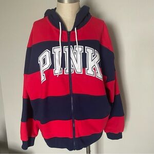 Pink Victoria’s Secret red and blue striped zip up hooded sweatshirt size M